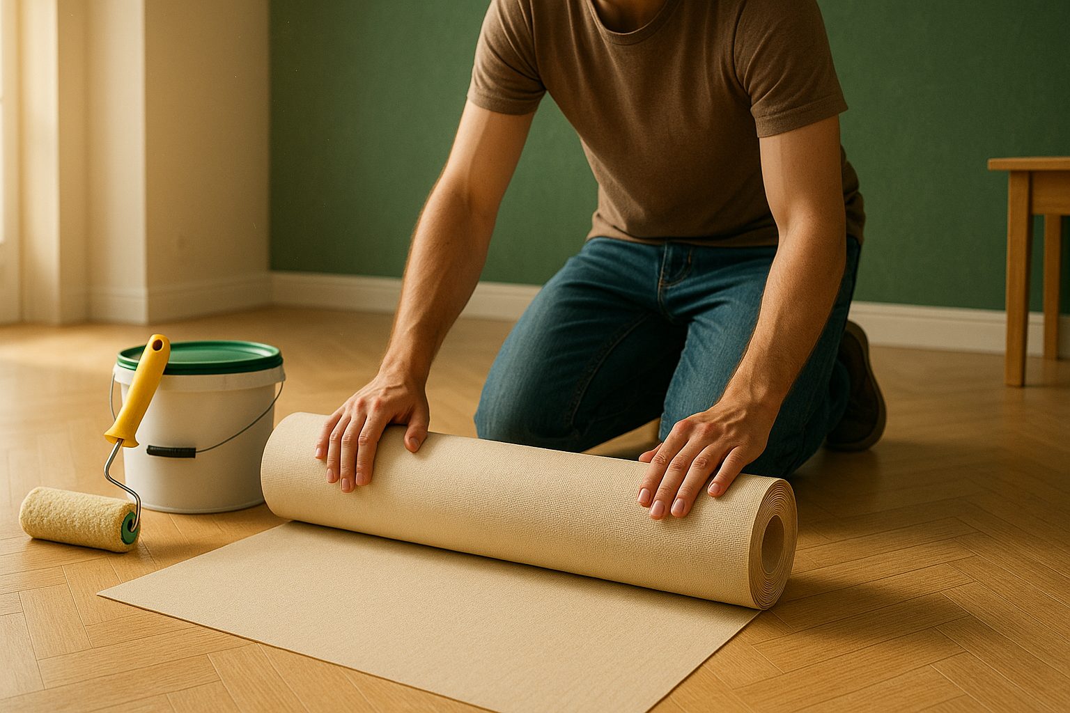 Укладка обоев: клей, валик и раскатка полотна на чистом полу